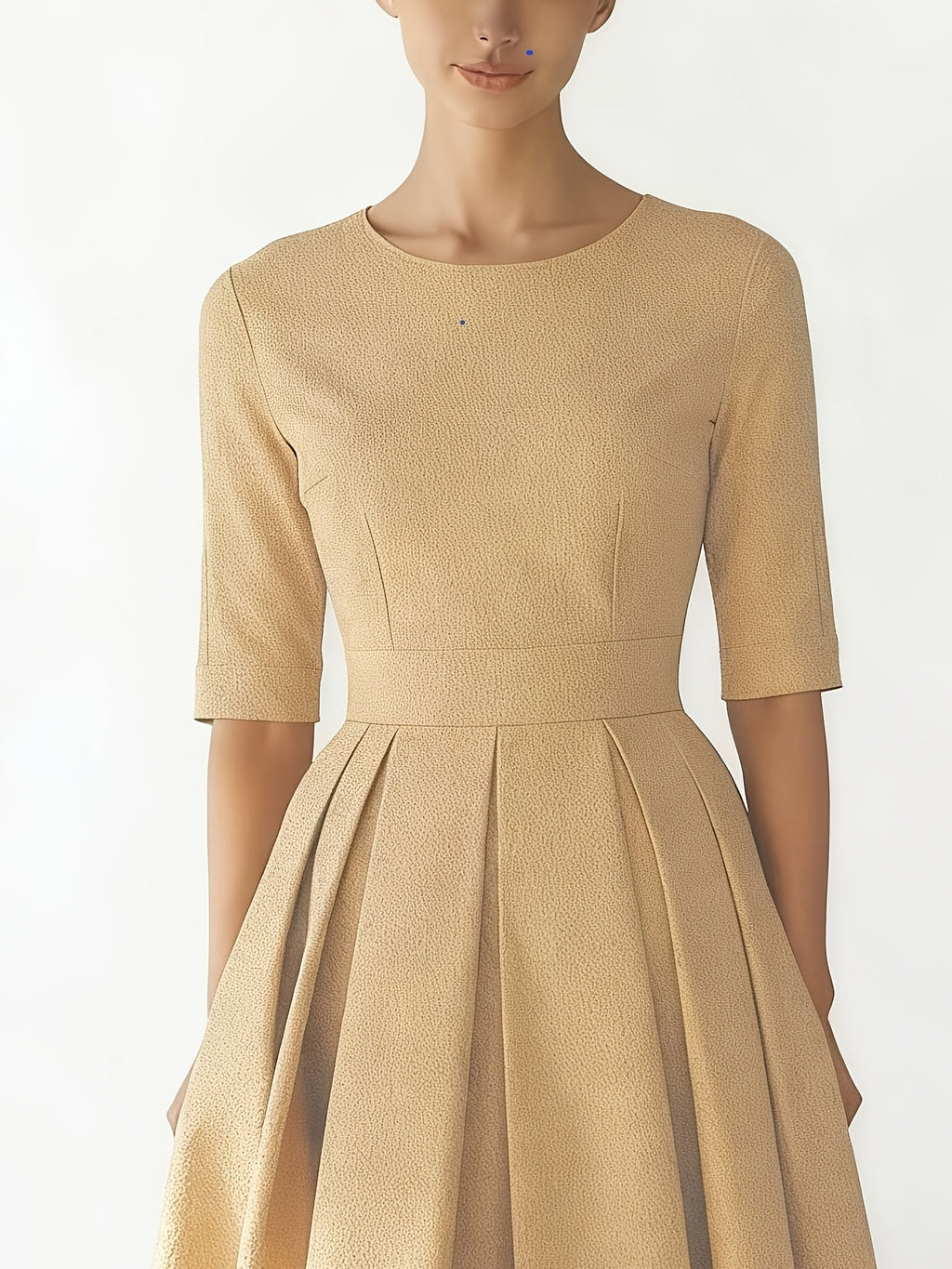 New Elegant Round Neck Mid-Sleeve Waist-Cinched Pleated A-Line Flared Dress for Women, Simple Solid Color Commuting Business Daily Banquet Wedding Guest Temperament Midi Dress - Khaki