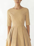 New Elegant Round Neck Mid-Sleeve Waist-Cinched Pleated A-Line Flared Dress for Women, Simple Solid Color Commuting Business Daily Banquet Wedding Guest Temperament Midi Dress - Khaki