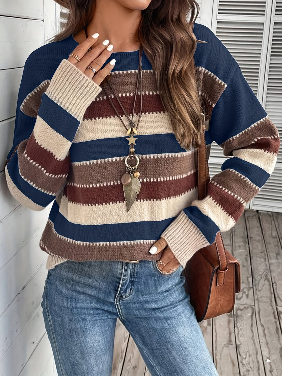 Women's Vintage Casual Sweater - Soft Medium-Stretch Round Neck Long Sleeve, Horizontal Striped Loose Fit Pullover for All-Season Comfort & Everyday Elegance, Cute Sweaters, Elegant Layering Piece, Durable Knitwear - Navy Color