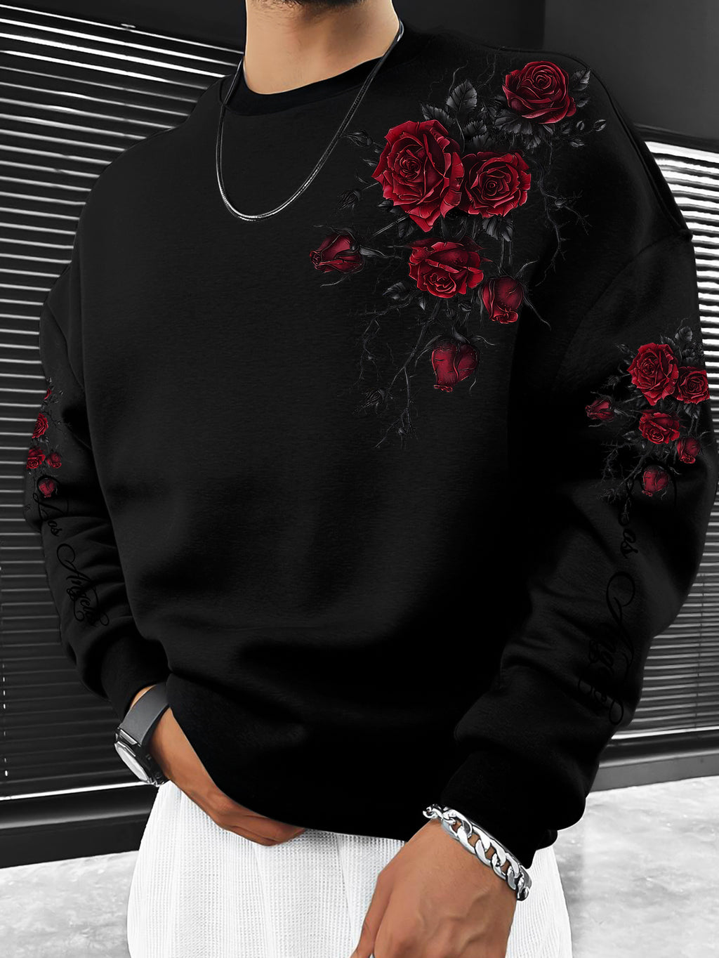 Men's Crew Neck Sweatshirt, Casual Rose with Thorns, New Autumn/Winter Men's Apparel - Black