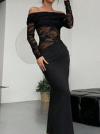 Ladies Elegant Sexy Shoulder Lace Stitching Slim Waist Asymmetric Design Party Fashion Long Little Black Dress - Black