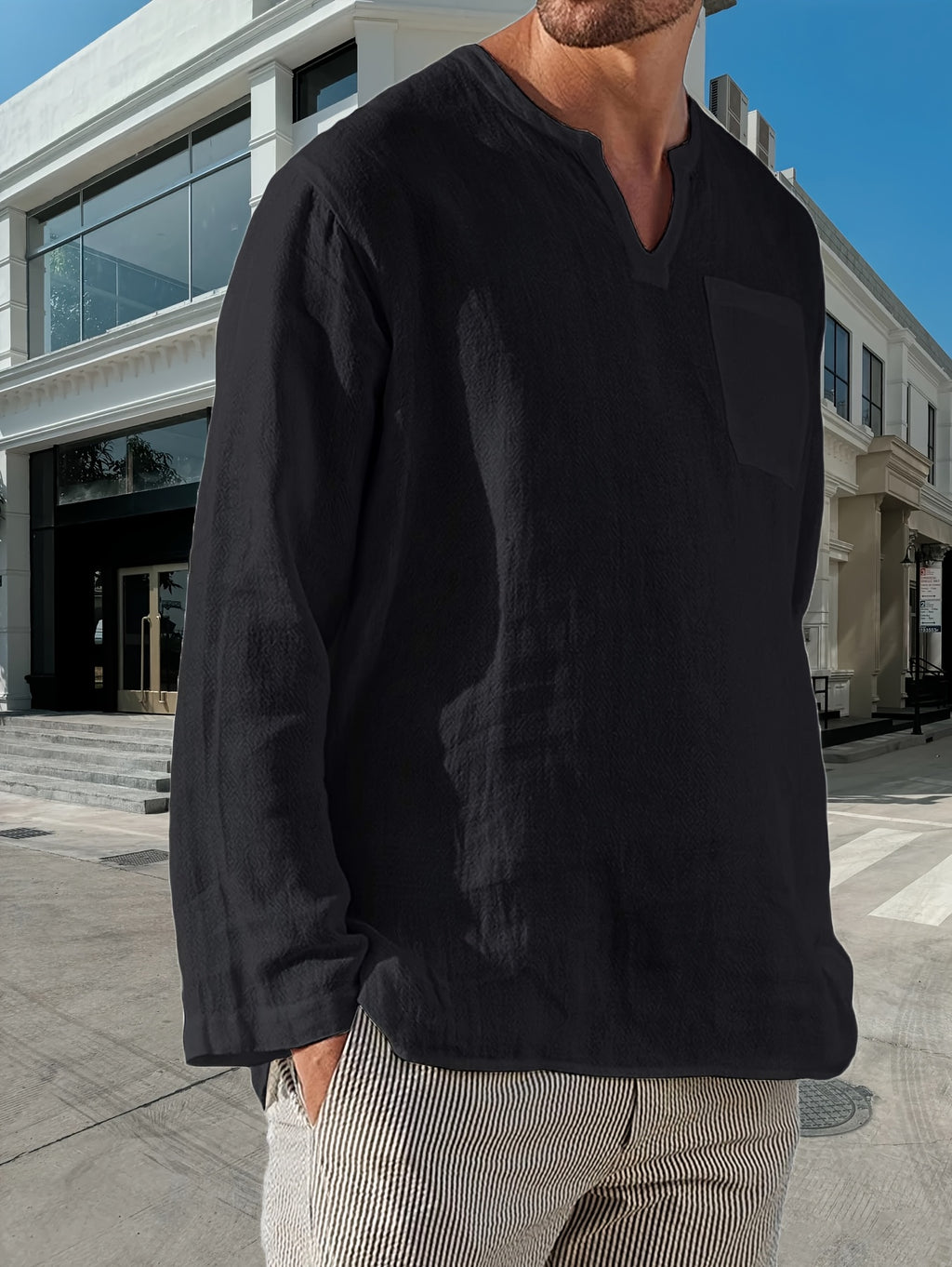 long-sleeved shirt Men's solid color V-neck casual shirt Men's gentle beach Hawaiian pullover breathable comfortable shirt - Black