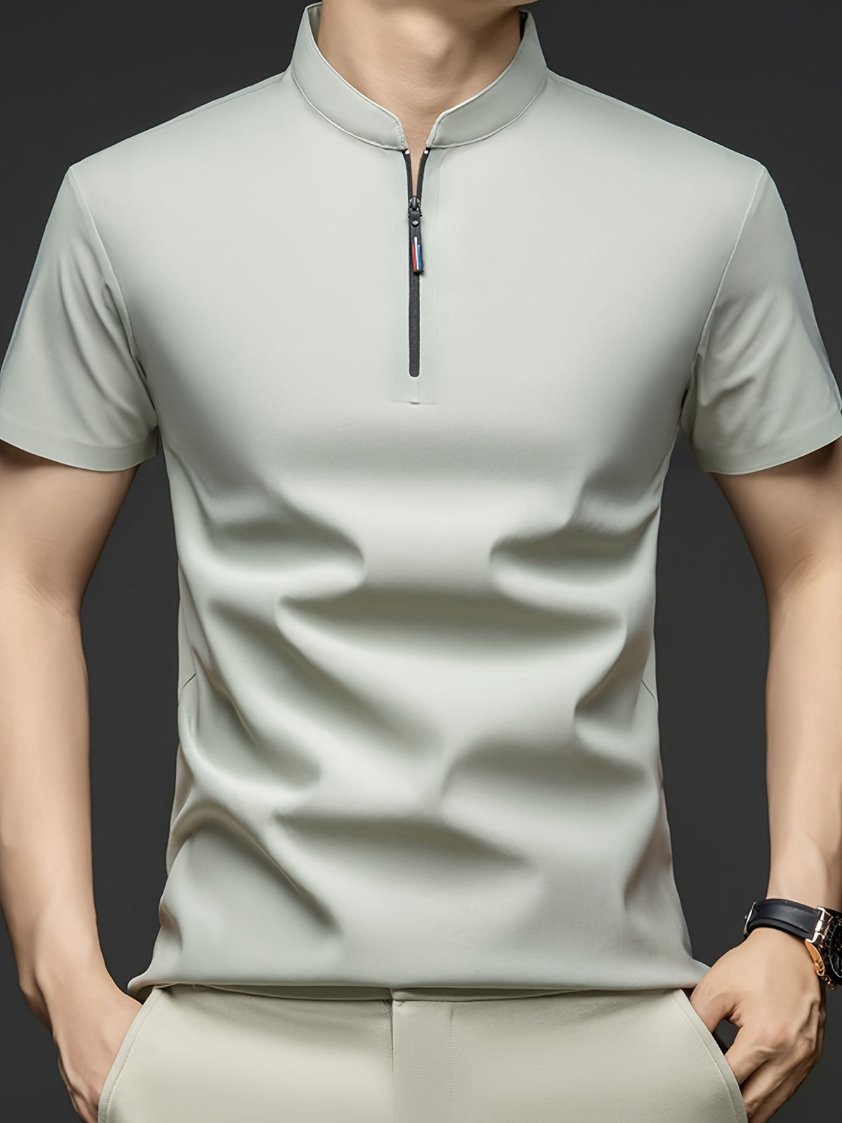 Summer Men'S Short Sleeve T-Shirt, Classic Mandarin Collar with Half Zipper, Smooth And Wrinkle-Resistant, Self-Cooling, Good Drape, Essential Top for Daily, Dating, And Light Business - Mint Green