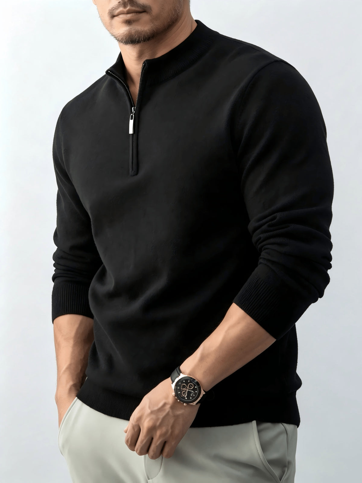 Fall Winter Men'S Half-Zipper Stand-Collar Knit Pullover, Classic Long Sleeve Fit for Casual Social Wear, Daily Commute, Light Business Meeting, Casual Gathering - Black