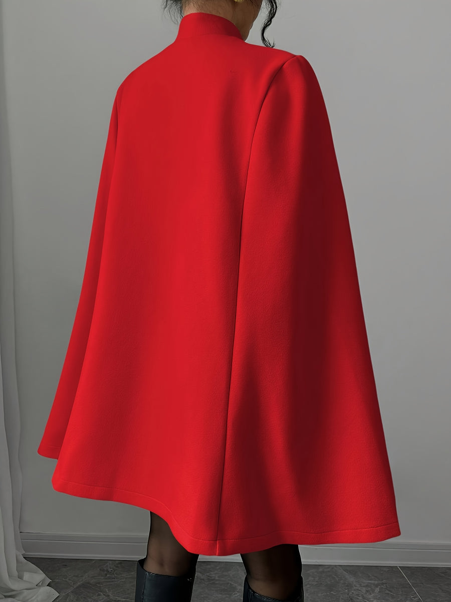 Elegant and Graceful Stand-up Collar Contrasting Color Chinese Style Button Cape Shawl Ladies Autumn and Winter Thick Coat - Red