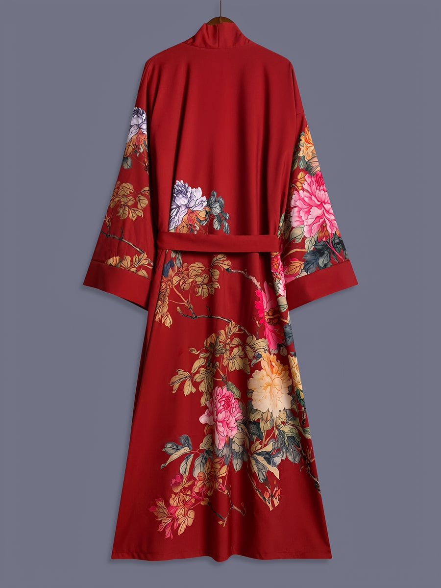 Japanese-style Rose Print Mid-length Three-quarter Sleeve Kimono Cardigan, Lightweight Outerwear for Women, Elegant European and American Ethnic-inspired Streetwear Casual Cover-up, Beach Vacation Travel Uchikake-style Thin Cape Coat, Home Yukata - Burgundy