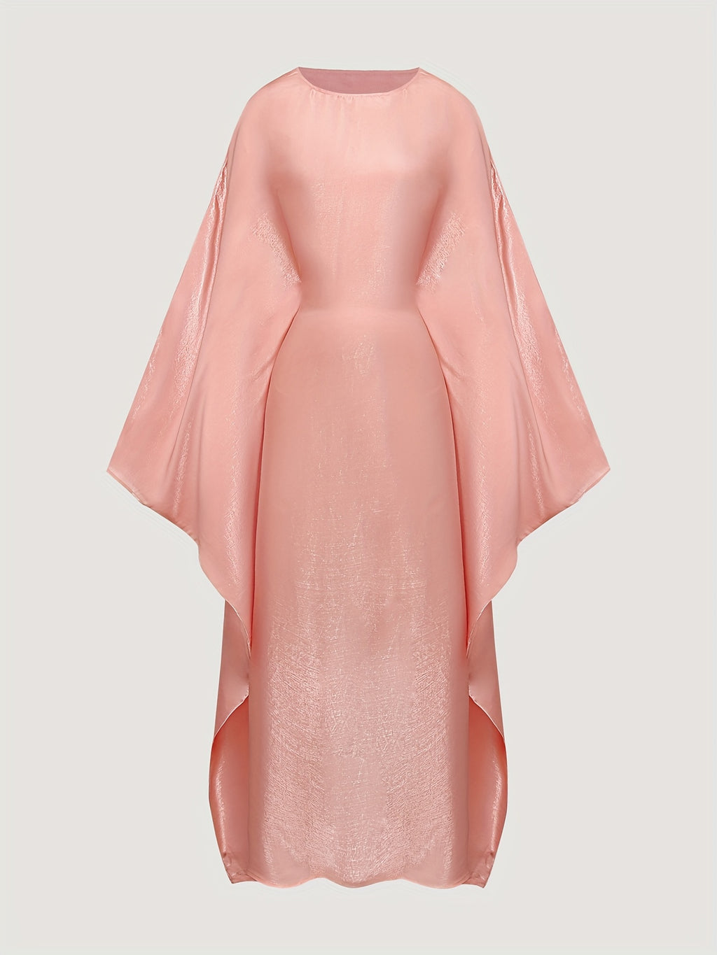 YT124 Elegant Long Sleeve Batwing Abaya Dress, Lustrous, Loose Fit, Adjustable Waist Belt, Fashionable Round Neck Design, Suitable for Prayer, Parties, And Holidays, Holiday Wear | Elegant Abaya | Lustrous Fabric - Shrimp Meat