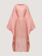 YT124 Elegant Long Sleeve Batwing Abaya Dress, Lustrous, Loose Fit, Adjustable Waist Belt, Fashionable Round Neck Design, Suitable for Prayer, Parties, And Holidays, Holiday Wear | Elegant Abaya | Lustrous Fabric - Shrimp Meat
