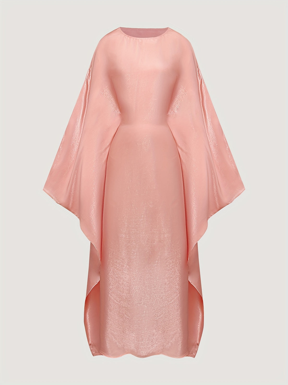 YT124 Elegant Long Sleeve Batwing Abaya Dress, Lustrous, Loose Fit, Adjustable Waist Belt, Fashionable Round Neck Design, Suitable for Prayer, Parties, And Holidays, Holiday Wear | Elegant Abaya | Lustrous Fabric - Shrimp Meat