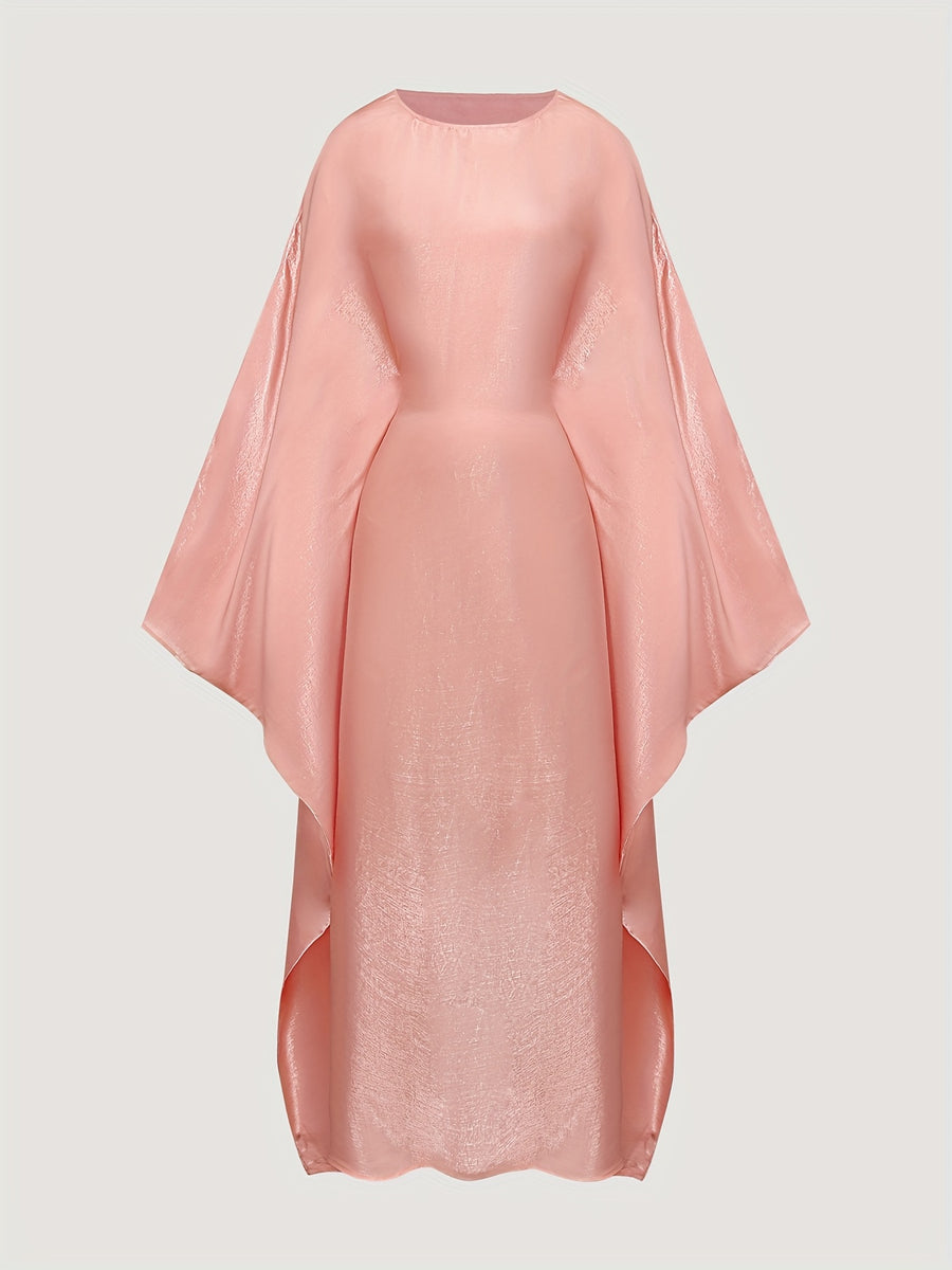 YT124 Elegant Long Sleeve Batwing Abaya Dress, Lustrous, Loose Fit, Adjustable Waist Belt, Fashionable Round Neck Design, Suitable for Prayer, Parties, And Holidays, Holiday Wear | Elegant Abaya | Lustrous Fabric - Shrimp Meat