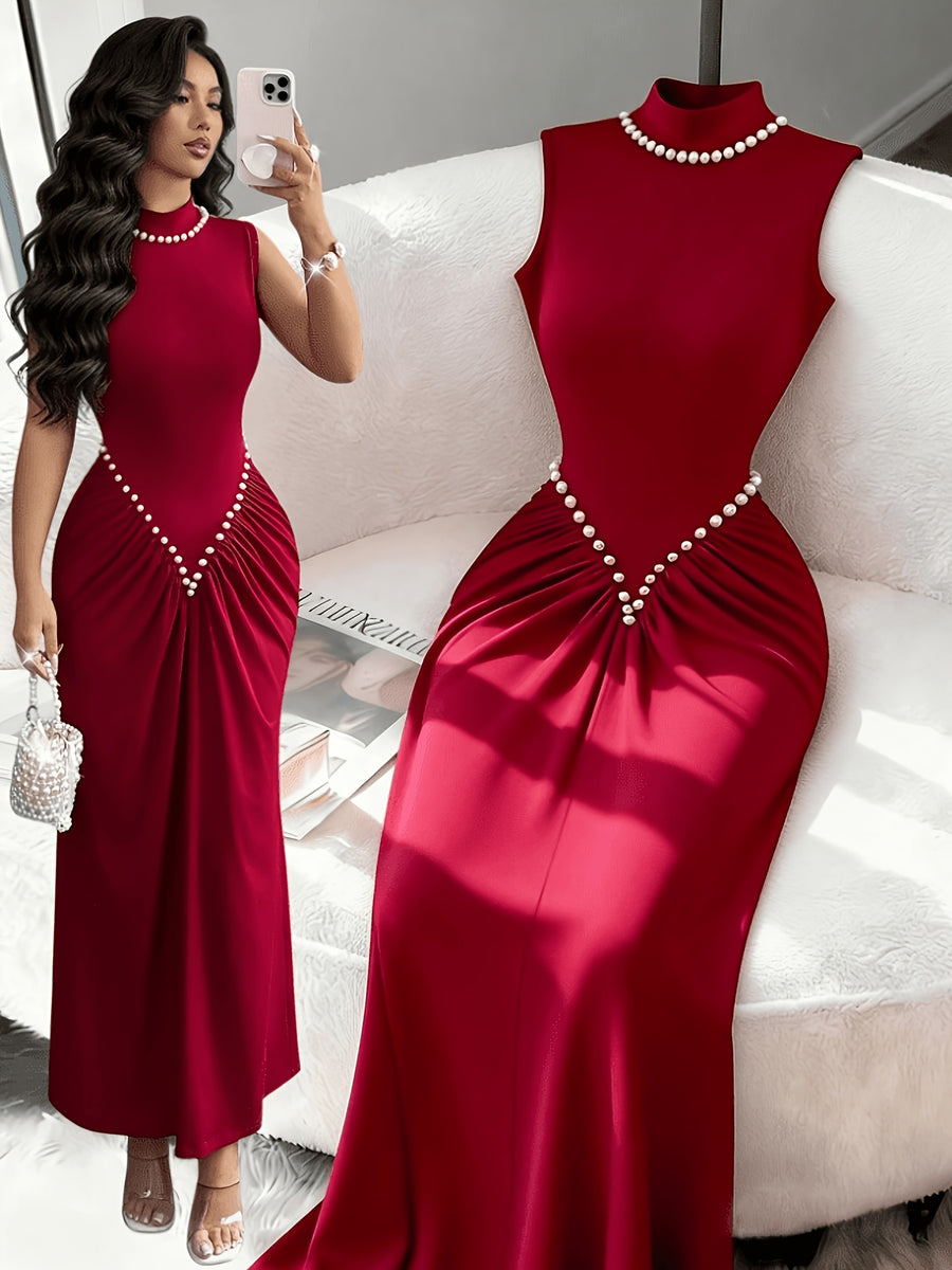Summer Elegant Fashion Pearl Solid High-Neck Women'S Sleeveless Dress, Waist-Cinching Ruched Fishtail Long Dress, Temperament Evening Formal Gown - Burgundy