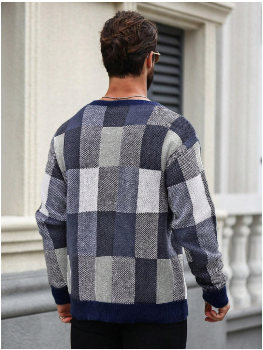 JANE DRESSINGLOG Men's Retro Casual Color Blocked Knitted Hoodie, Trendy Grid Color Block Splicing Long Sleeve Round Neck Warm Knitted Sweater, Suitable for Daily Street Commuting and Outing in Autumn and Winter - Navy blue color