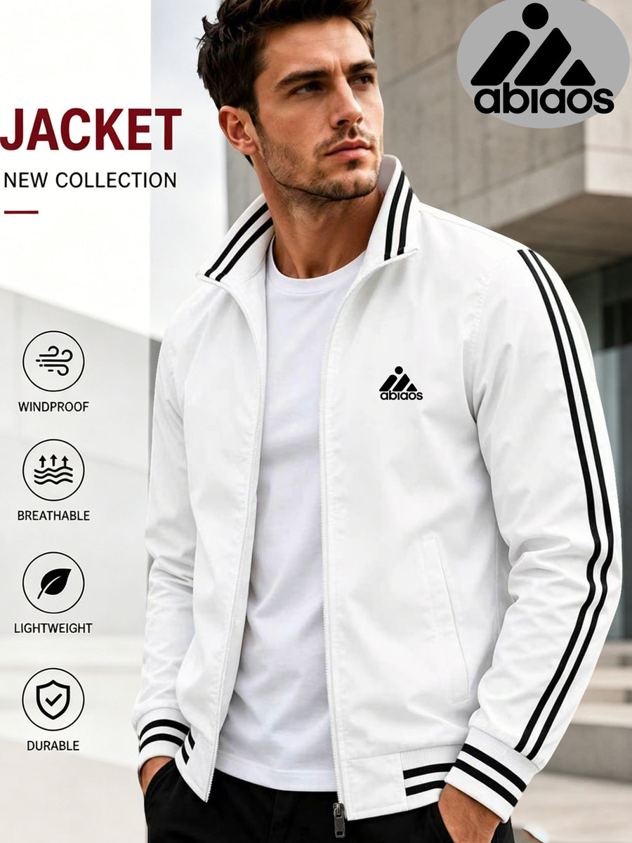 Back-to-School Couple's Trendy Pattern Letter "i" Print Stand Collar Jacket, Unisex High-Quality Ribbed and Double-Bar Design, Available in 8 Colors, Fashionable Jacket Top for Spring/Autumn Outdoor Sports, Cycling, Walking, Hiking, and Preppy Style - White