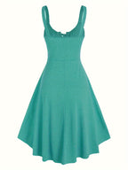 Casual Solid Color, Front Cross Straps with Eye Hook Design, Retro Bust Contour, Short Front Long Back Comfortable Casual, Home, Vacation Dress, Targeted Development - Mineral Green
