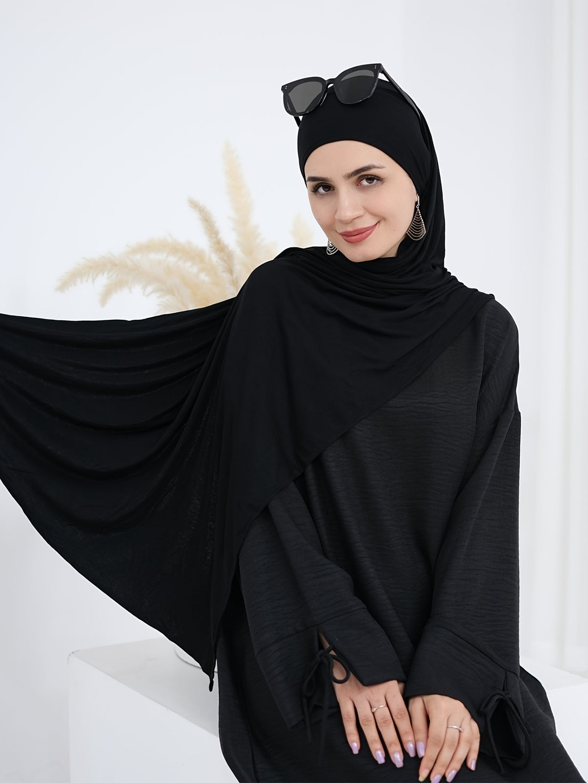 1pc Headless Scarf: Elegant Cuff Drawstring, Comfortable and Casual Solid Color, Suitable for Outdoor Travel and Daily Wear. Loose Women's Abaya Dress. Abayas for Women, Muslim, Women's Long Dresses, Oriental Arabic Robe, Abaya Dress - Black