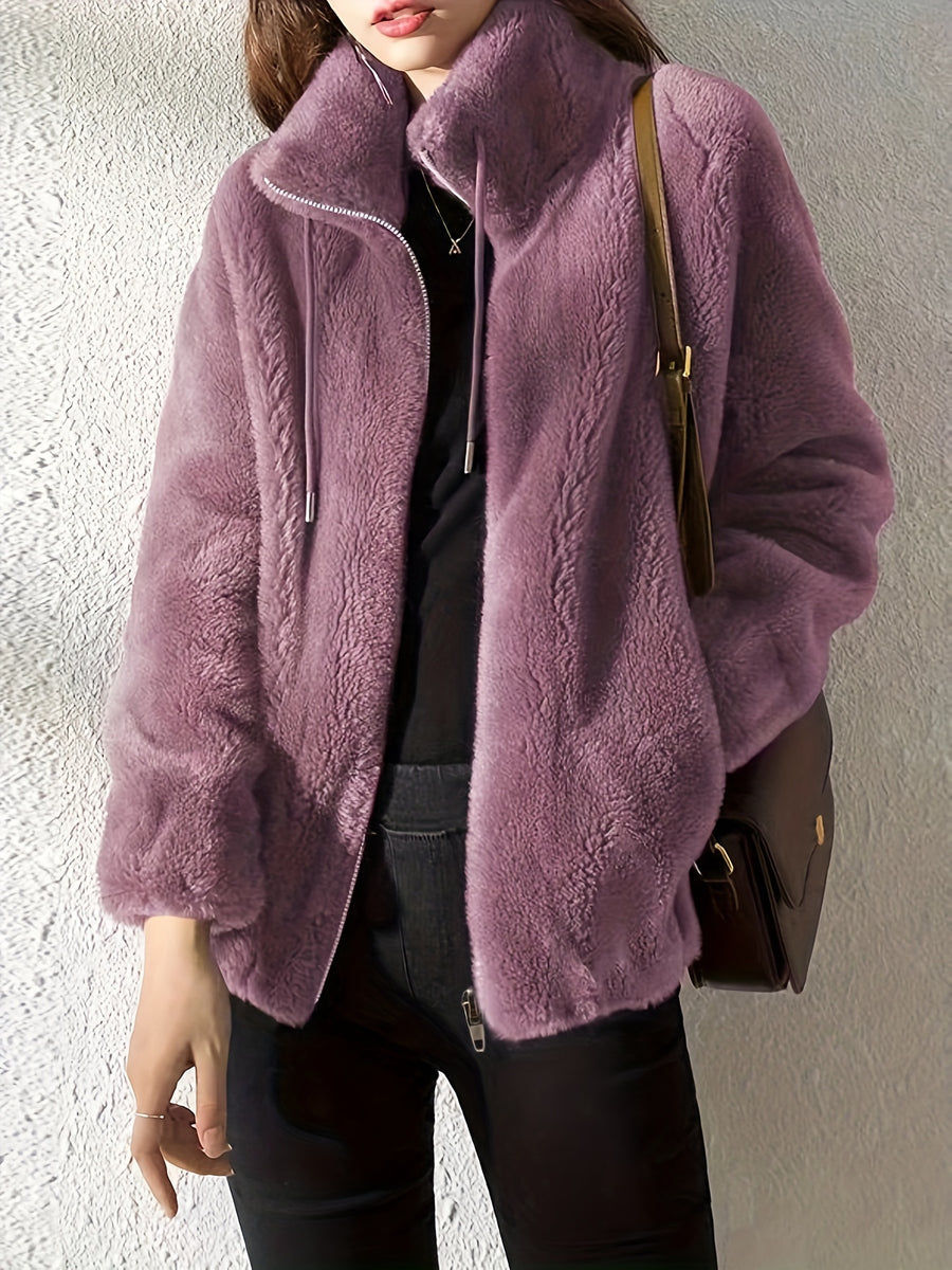Solid Color Plush Coat, Stand Collar Thick Warm Zipper Drawstring Loose Women'S Coat - Light Purple