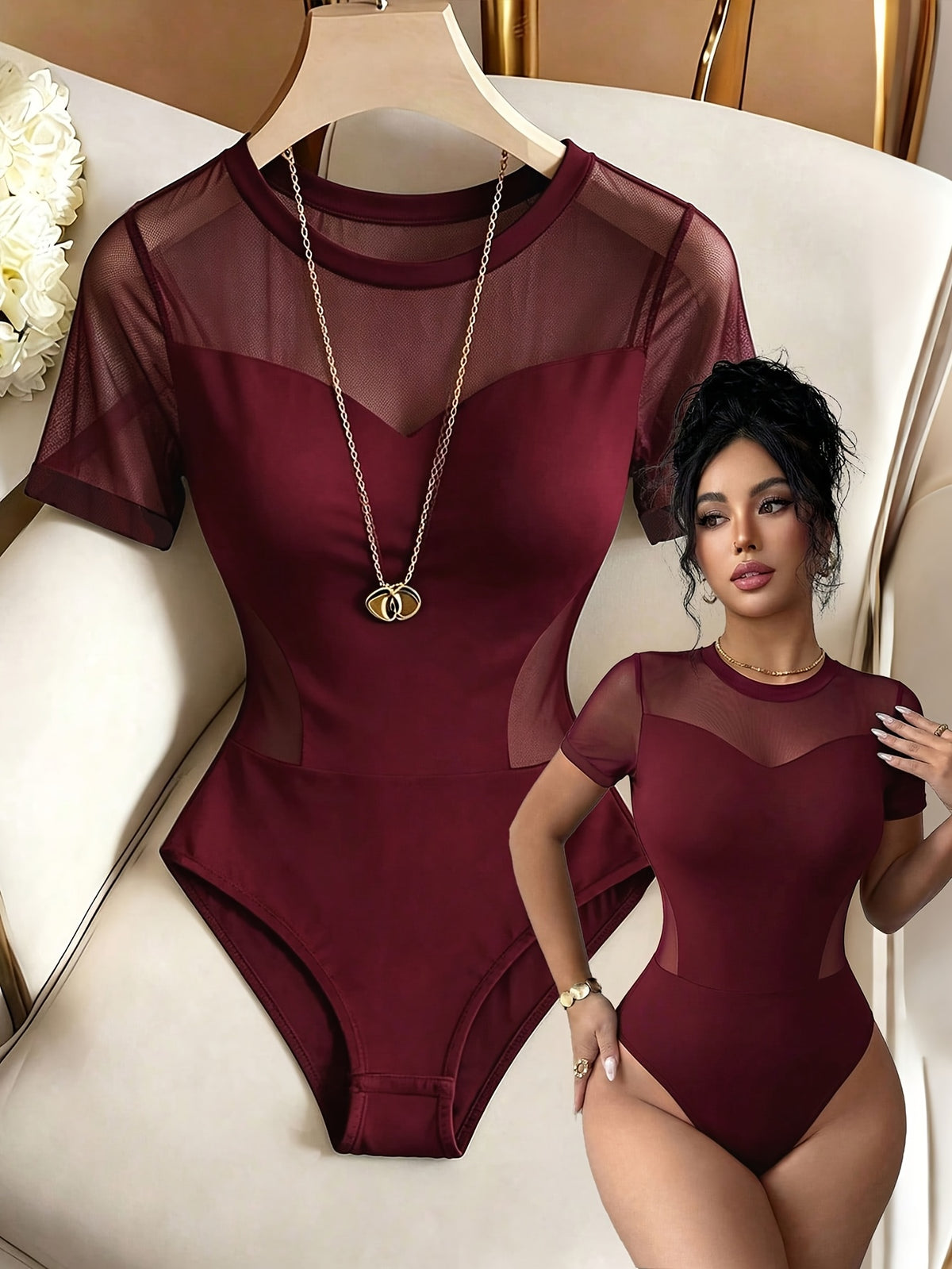 Golden Label Style Summer New Fashionable Easy Elegant Solid Color Mesh Spliced Short Sleeve Round Neck Slim Fit Bodysuit Women Women'S Elegant Mesh Spliced Round Neck Short Sleeve Slim Fit Bodysuit, Spring/Summer Style - Burgundy