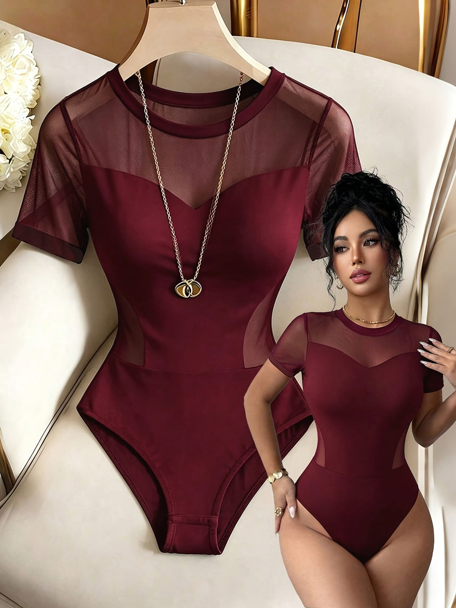 Golden Label Style Summer New Fashionable Easy Elegant Solid Color Mesh Spliced Short Sleeve Round Neck Slim Fit Bodysuit Women Women'S Elegant Mesh Spliced Round Neck Short Sleeve Slim Fit Bodysuit, Spring/Summer Style - Burgundy