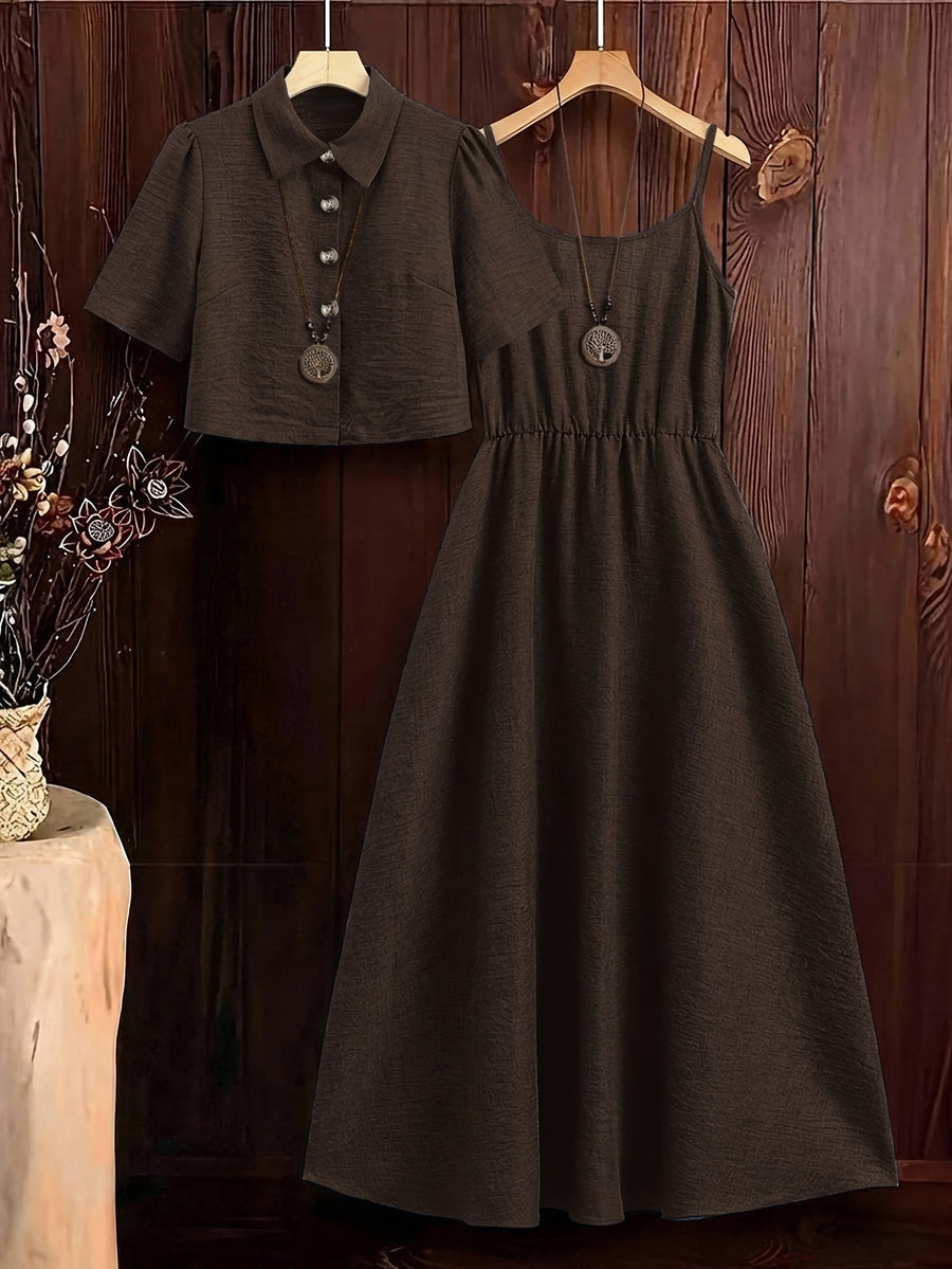 Women's New Elegant Shirt and Slip Dress 2pcs Set, Suitable for Commuting and Various Occasions, Vacation Wear - Coffee Color