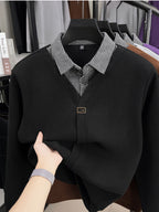 Men's Thick Warm Sweater Suitable for Winter - V-Neck Square Collar Knit Pullover with Color-Blocking Collar, Base Layer Sweater for Layering, Machine Washable Casual Warm Sweaters for Office & Casual Attire (Regular Fit) - Black