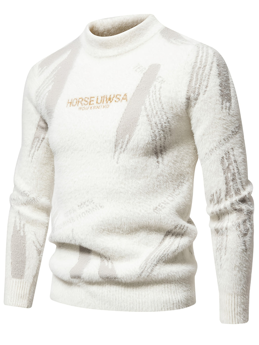 Men's Letter Jacquard Sweater - Stretch Crewneck Pullover with Base Layer, Warm Winter Sweater Suitable for Casual & -Casual Wear, Non- Lettering, Hand Washable for Office or Layering - White