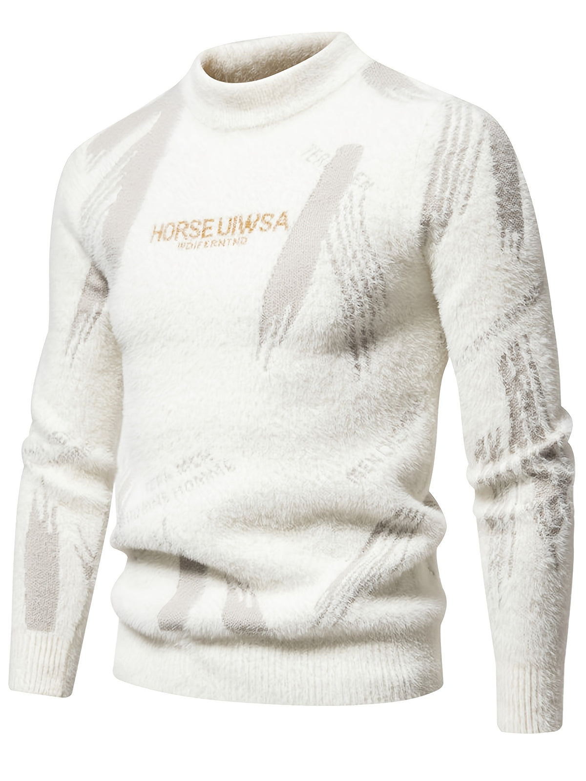 Men's Letter Jacquard Sweater - Stretch Crewneck Pullover with Base Layer, Warm Winter Sweater Suitable for Casual & -Casual Wear, Non- Lettering, Hand Washable for Office or Layering - White