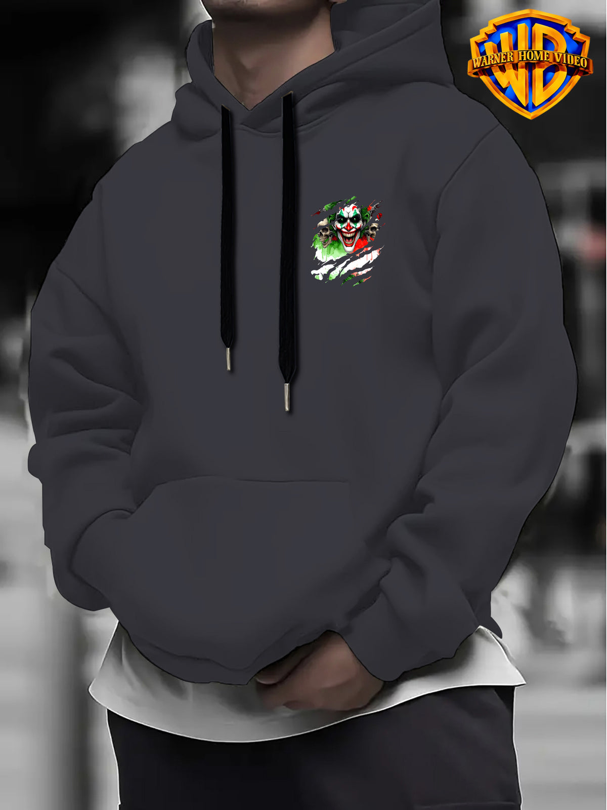 [Officially Licensed by Warner Bros] 1pc, Street Ripped Texture Dark Skull Clown Portrait Casual Hoodie - Men'S Fashion Sweatshirt, Adjustable Drawstring Loose Comfortable Hoodie, Suitable for Daily And Outdoor Wear - Dark Gray