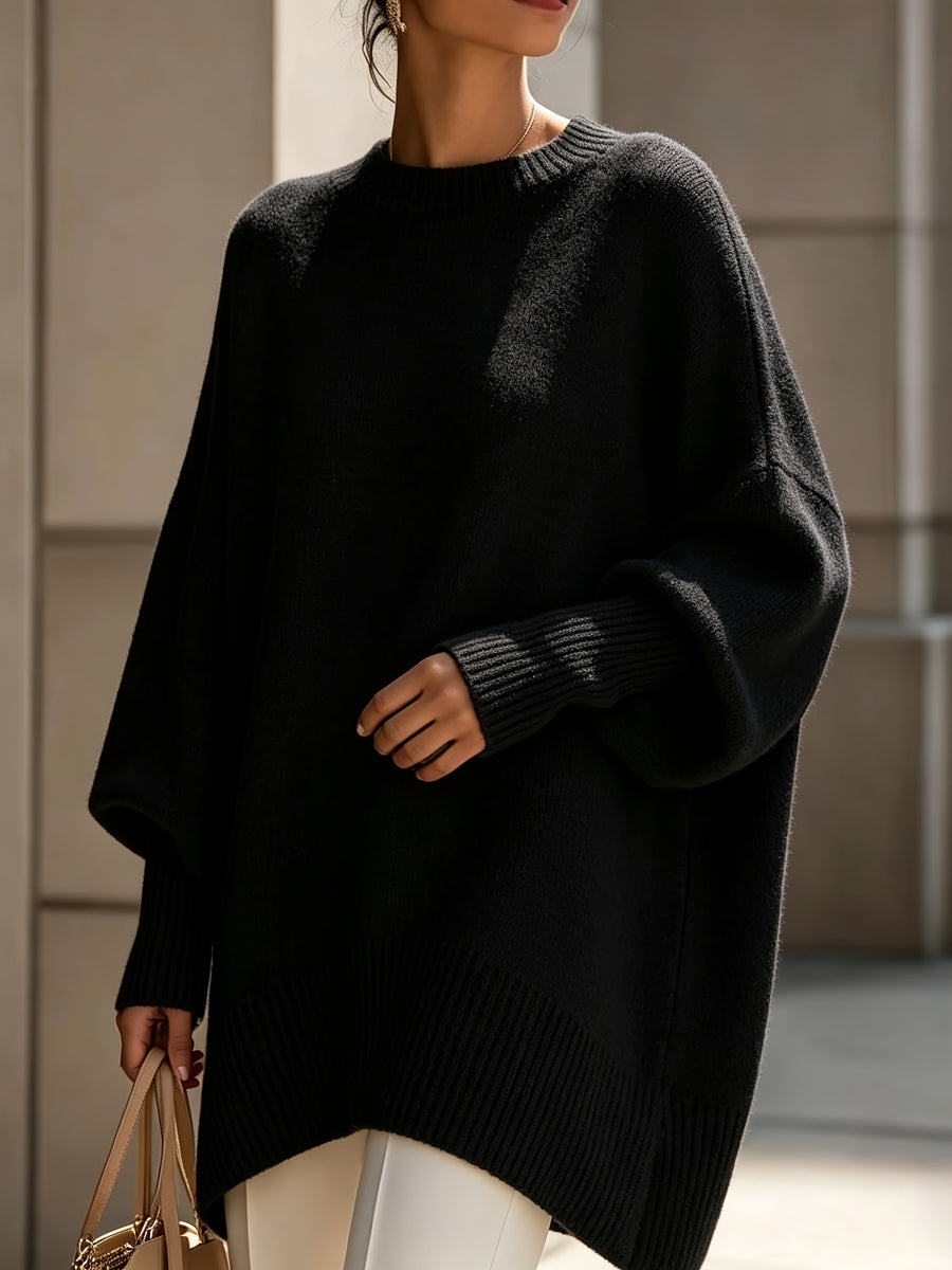 French-style Relaxed Silhouette Top, Irregular Slanted Hem Loose Lantern Sleeve Sweater, Gentle and Elegant Loose Fit That Is, Urban Casual Style - Black
