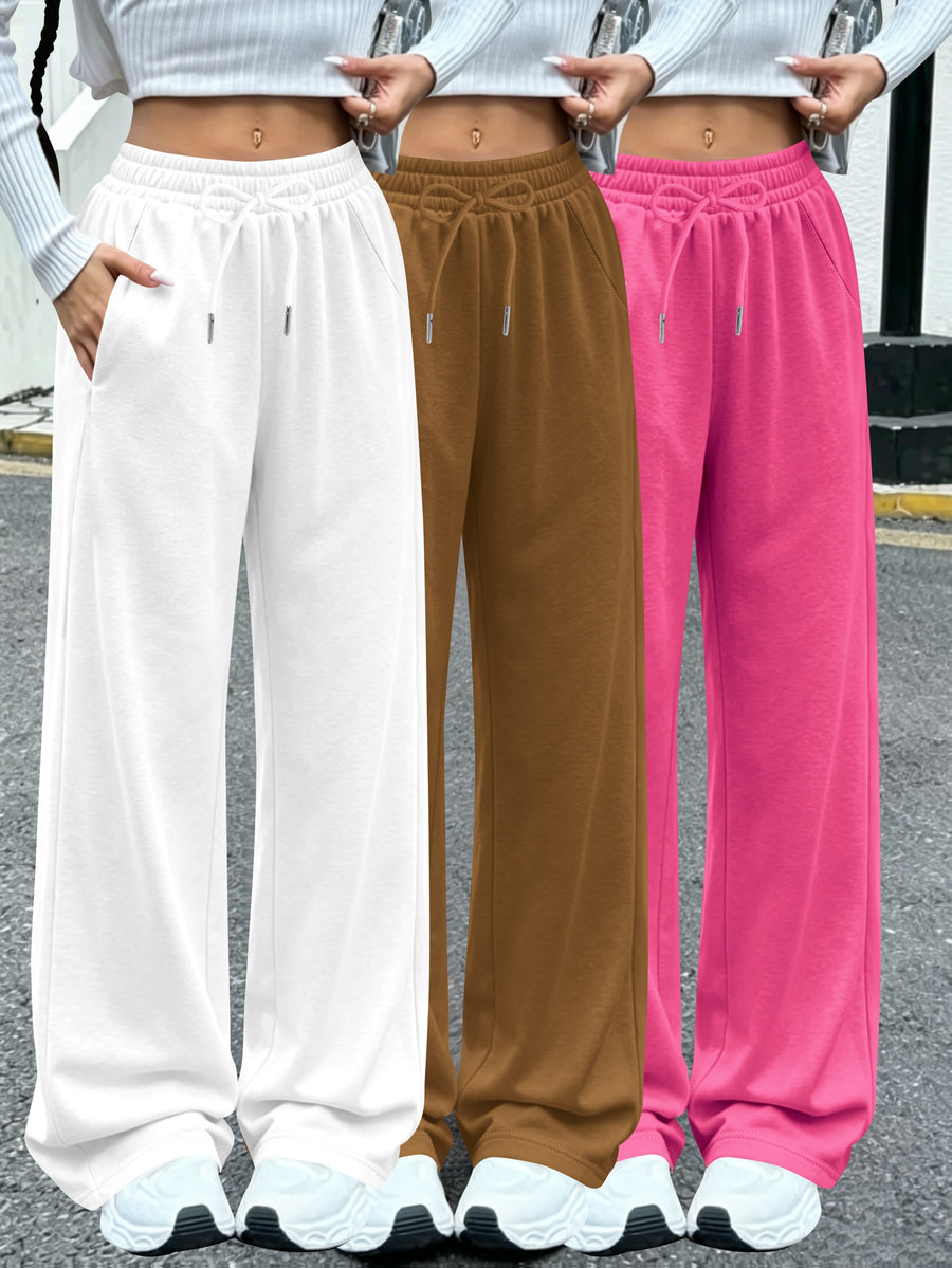 3pcs Women'S Jogging Pants, Elastic-Waistband Wide-Leg Casual Pants with Side Pockets, Light Sweatpants, Suitable for Daily And Formal Wear, Machine-Washable Non-Sheer Fabric, Joggers - White+Brown+Pink
