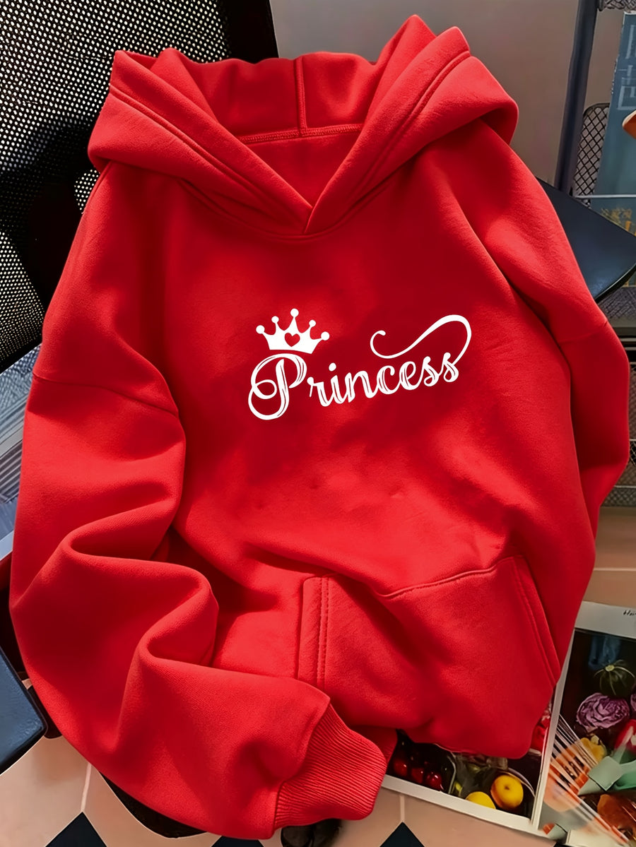 D92-1pc Loose Hooded Sweatshirt, Fashionable Versatile Princess Crown Pattern Printed Hooded Sweatshirt, Spring And Autumn, Women'S Size L15172 - Red