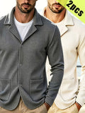 Men's New Spring, Autumn, and Winter Waffle Knit Heavyweight Single-Breasted Open Front Cardigan with Lapel Collar and Double Pockets, a Versatile Long-sleeve Business Casual Jacket. Soft, Comfortable, and Stylish Solid-color Knit Outerwear - Gray+Khaki