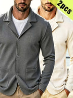 Men's New Spring, Autumn, and Winter Waffle Knit Heavyweight Single-Breasted Open Front Cardigan with Lapel Collar and Double Pockets, a Versatile Long-sleeve Business Casual Jacket. Soft, Comfortable, and Stylish Solid-color Knit Outerwear - Gray+Khaki