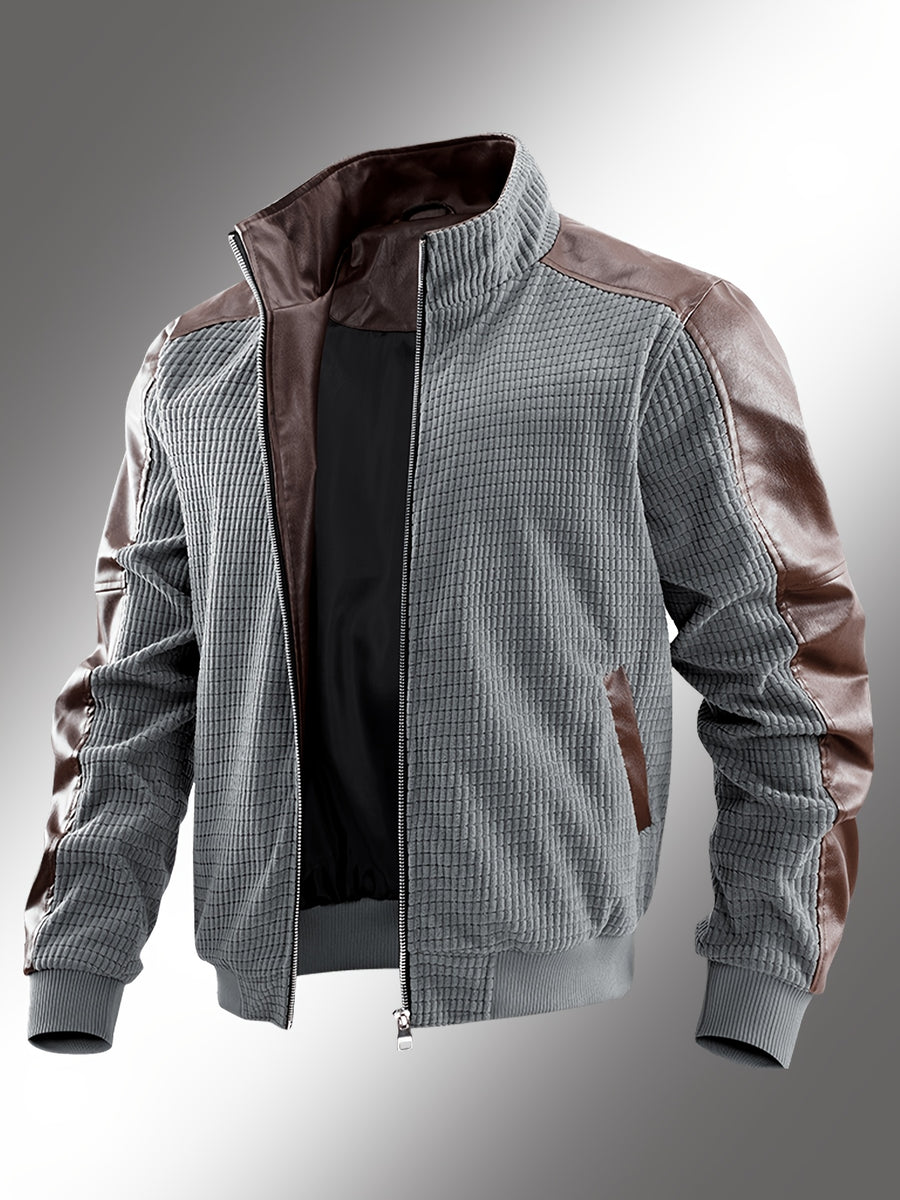 Vintage Textured Patchwork Jacket for Men, Stand Collar Zipper Versatile Men's Spring and Autumn Casual Top; Waffle Men's Baseball Jacket, Suitable for Daily Work Scenes. - Grey