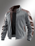 Vintage Textured Patchwork Jacket for Men, Stand Collar Zipper Versatile Men's Spring and Autumn Casual Top; Waffle Men's Baseball Jacket, Suitable for Daily Work Scenes. - Grey