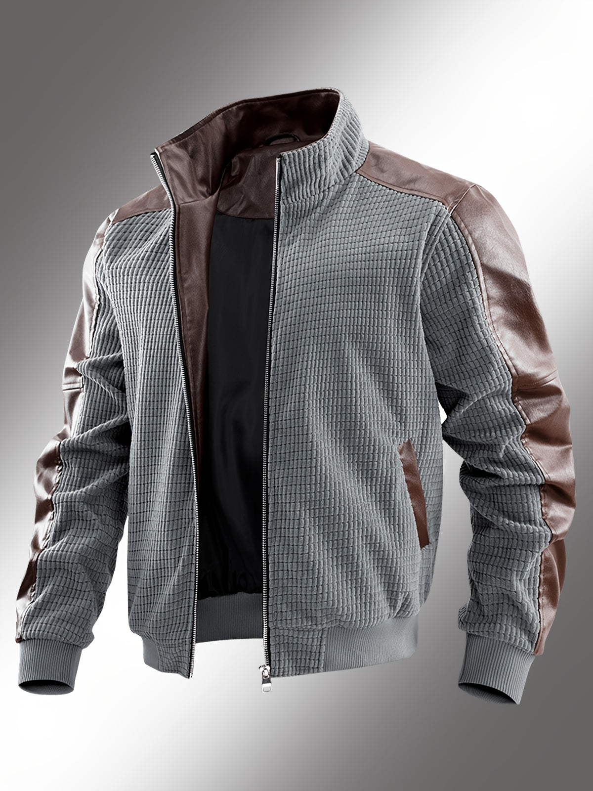 Vintage Textured Patchwork Jacket for Men, Stand Collar Zipper Versatile Men's Spring and Autumn Casual Top; Waffle Men's Baseball Jacket, Suitable for Daily Work Scenes. - Grey