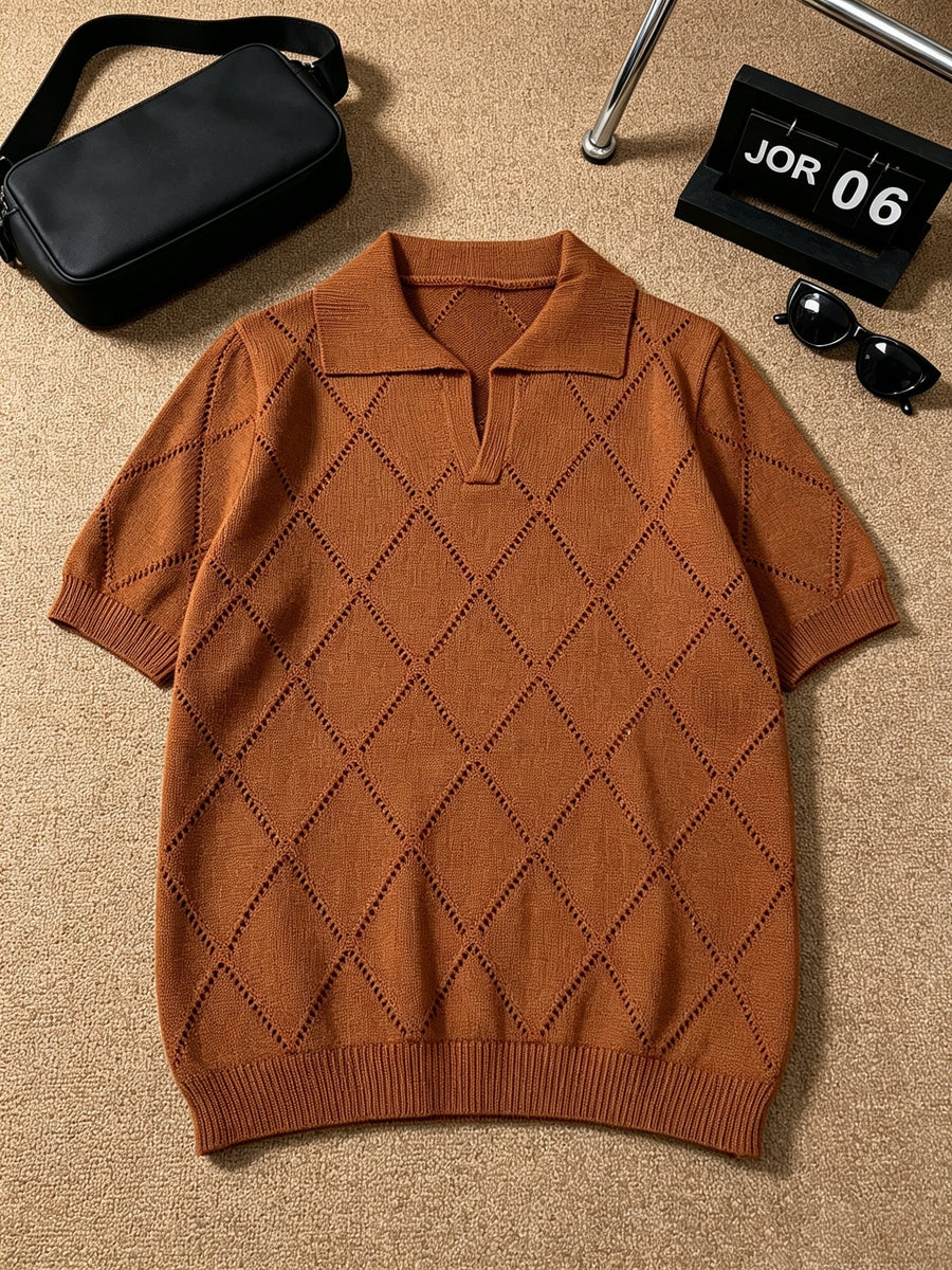 Men's Polo Collar Short Sleeve Knit Shirt, Textured Knit Top, V-Neck Lapel, Breathable Casual Pullover - Coffee Color