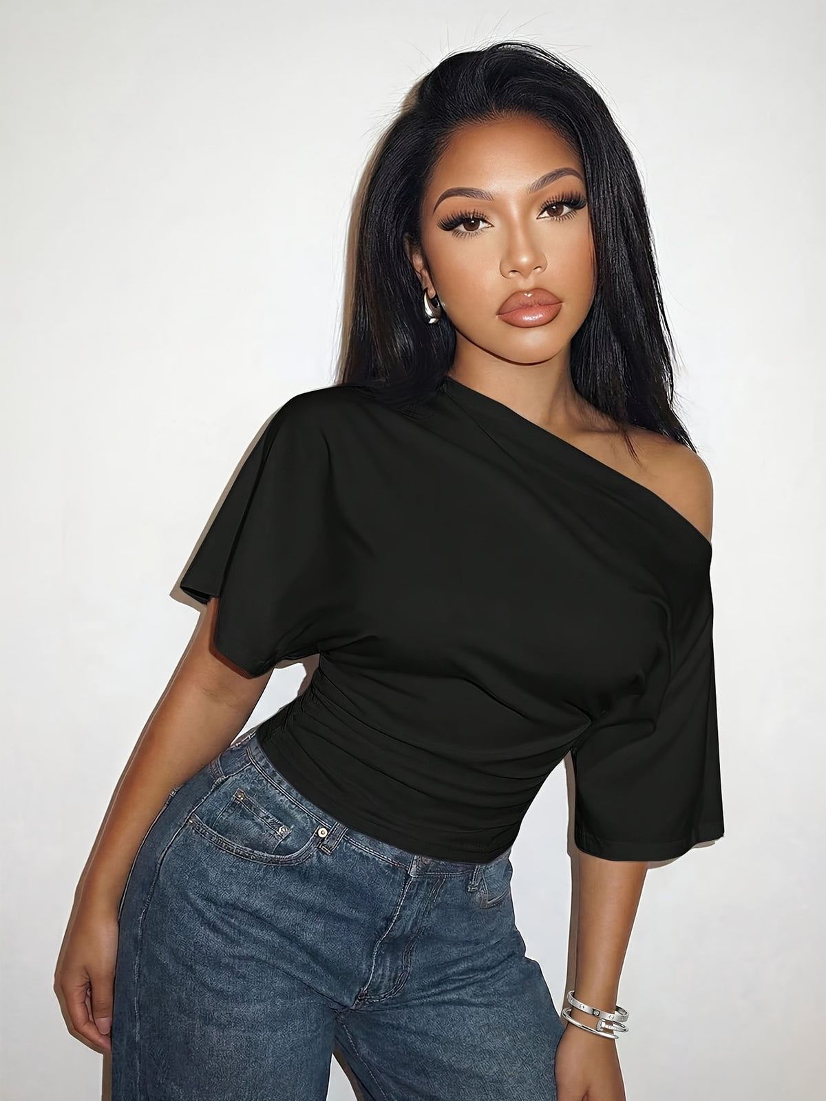 Spring Summer Vacation Beach Elegant Romantic Sexy Party Date Birthday Party Casual Elegant Off-Shoulder Loose Waist Pleated Solid Color T-Shirt Top - Black