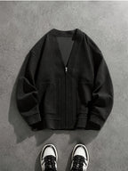 Spring/Autumn New Men's Solid Color V-Neck Zipper Knit Cardigan Jacket, Versatile Top for Commuting, Daily Wear, and Casual Occasions, Simple, Loose-Fitting, Skin-Friendly, and Soft, Couple's Knit Outerwear - Black