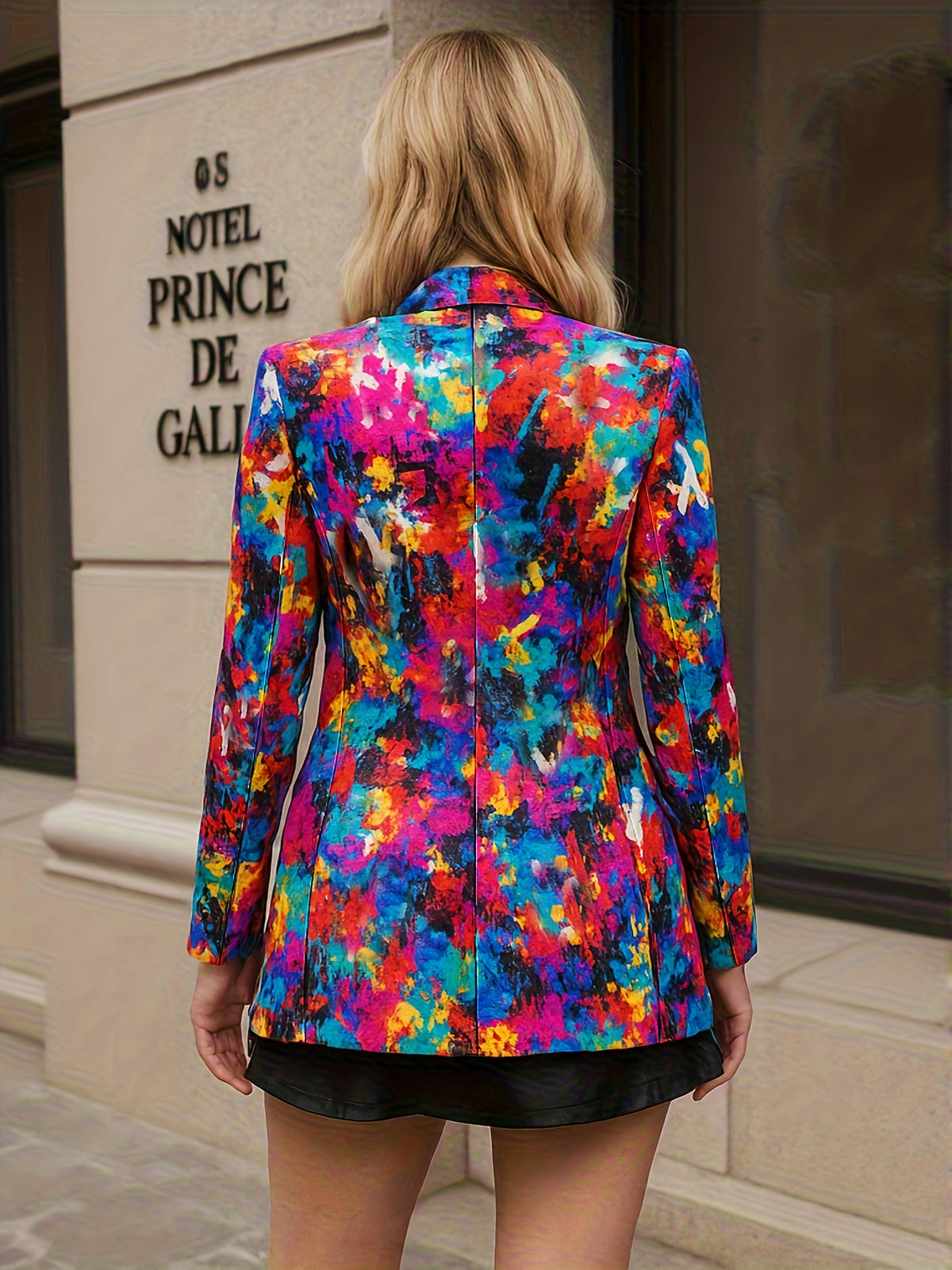A Stylish And Unique Design with a Single Button, Featuring Vibrant Graffiti Prints And a Waist-Cinching Mid-Length Blazer - Bright Color