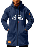 Men'S Long Hooded Trench Coat with Full Zipper, Featuring NORWAY Themed Letters, Mountain And Flag Prints, Side Arm Zip Pockets, And a Leather Label at The Hem - Navy Color