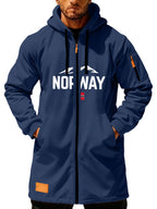 Men'S Long Hooded Trench Coat with Full Zipper, Featuring NORWAY Themed Letters, Mountain And Flag Prints, Side Arm Zip Pockets, And a Leather Label at The Hem - Navy Color