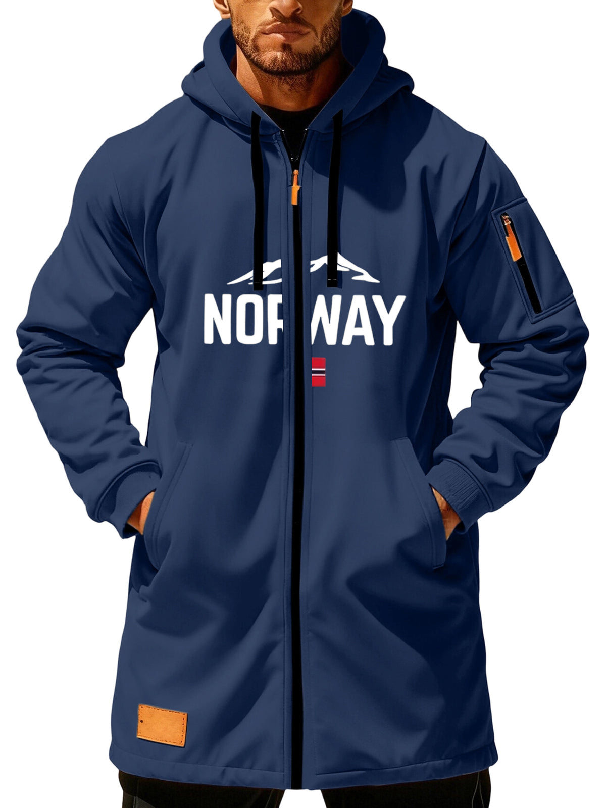 Men'S Long Hooded Trench Coat with Full Zipper, Featuring NORWAY Themed Letters, Mountain And Flag Prints, Side Arm Zip Pockets, And a Leather Label at The Hem - Navy Color