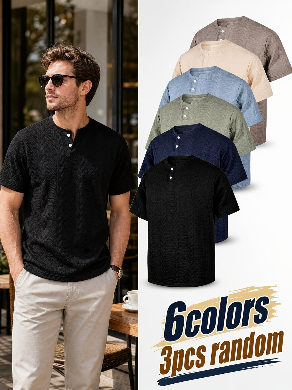 Random 3-Pc Men'S Henley Shirts, Casual Short Sleeve, Classic Small Stand Collar, Rice Ear Jacquard Henley Short Sleeve T-Shirt, Suitable for Daily Outings, Random Color Not Specified - Mixed colors