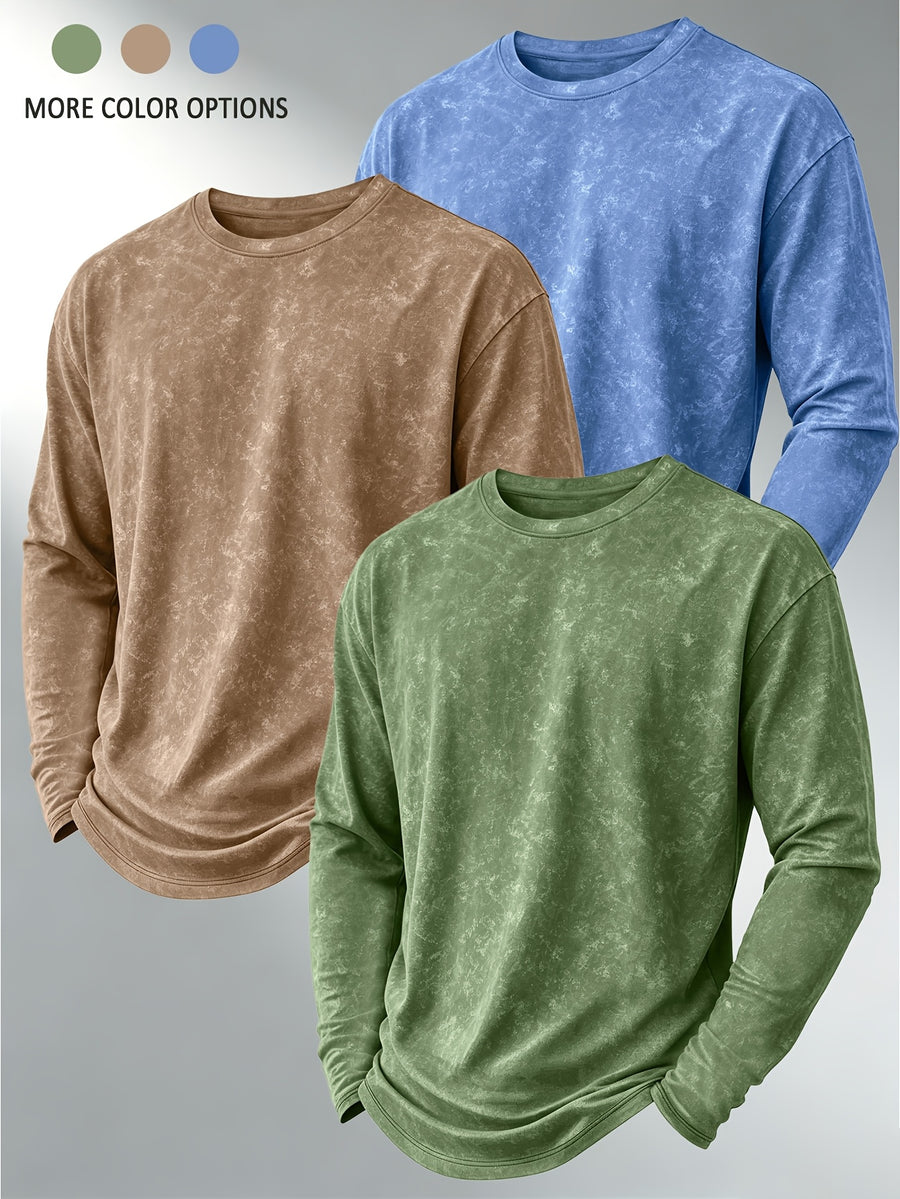 Pearson OBM Three-pc American Vintage Distressed Long-Sleeve T-Shirt, Men's Versatile Crew Neck Base Layer Top, Trendy Casual Long-Sleeve Inner Wear - Green + Blue + Khaki