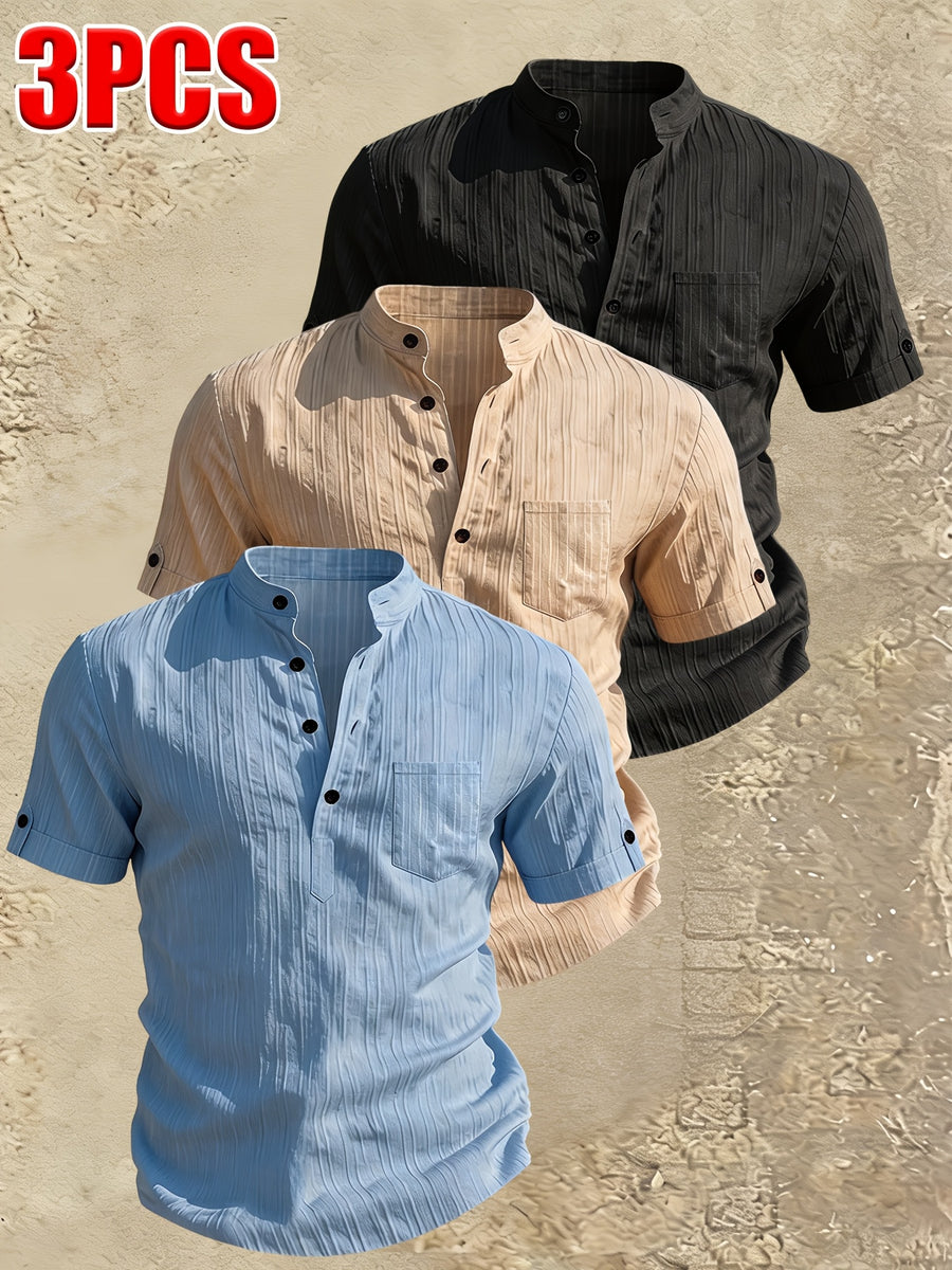 Men's Stand Collar Henley Short Sleeve Shirt 3pcs, Vertical Stripe Texture Half-Button with Pocket Top, Summer Breathable Casual Vacation 3pcs Versatile Men's Shirt Set - Black+khaki+blue