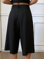 Women's Black Over-the-Knee Five-Quarter Suit Pants with Slant Pockets, Casual Vintage Style - Black