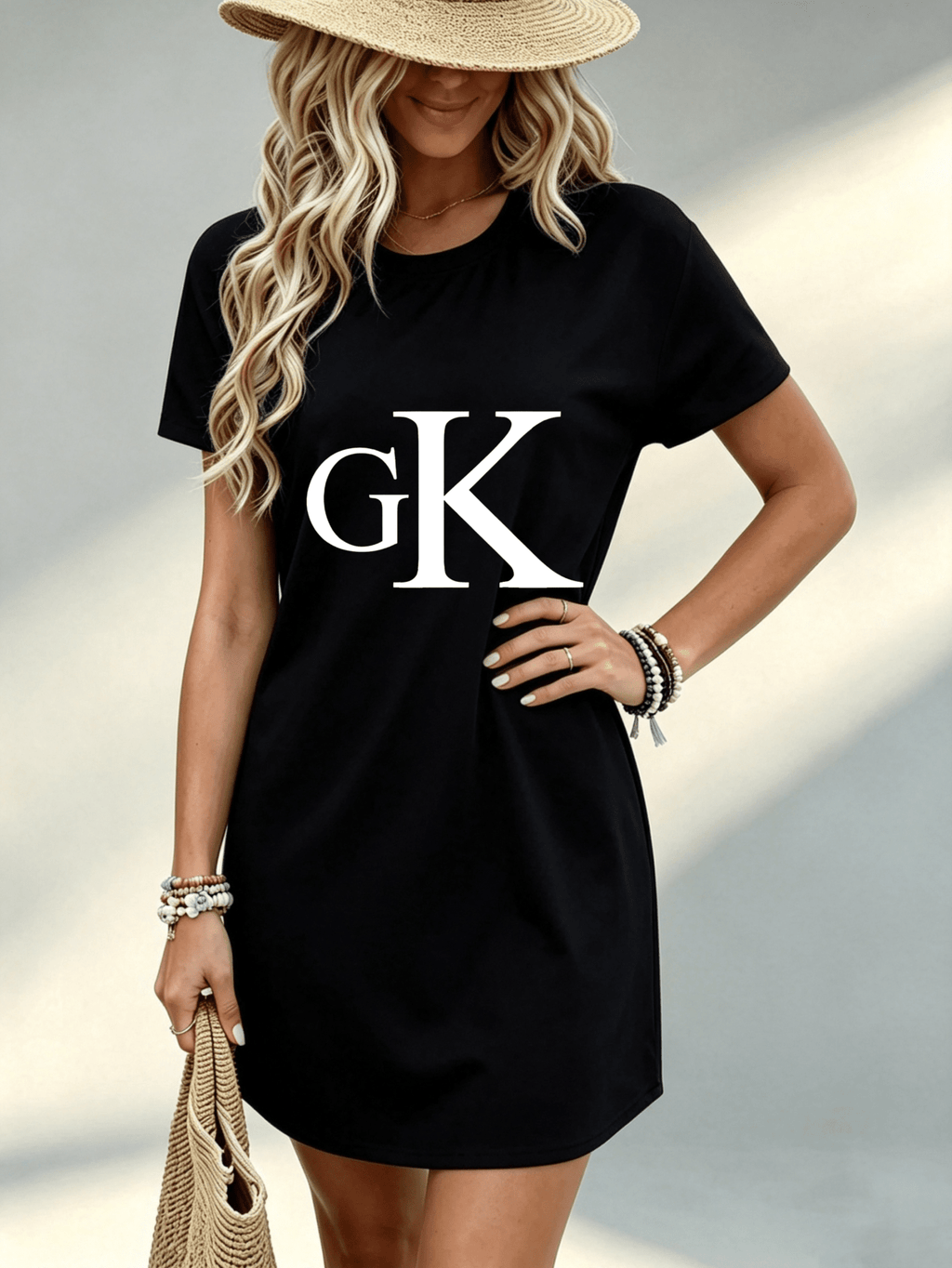 Printed Design Not Textured, Casual Summer Style, Women Dress, GK Letter Print, Beach Vacation, Gift for Girlfriend, 100 Percent Polyester - Black
