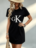 Printed Design Not Textured, Casual Summer Style, Women Dress, GK Letter Print, Beach Vacation, Gift for Girlfriend, 100 Percent Polyester - Black