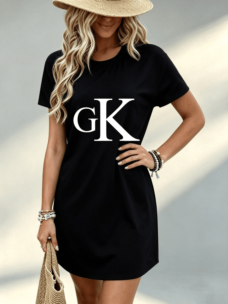 Printed Design Not Textured, Casual Summer Style, Women Dress, GK Letter Print, Beach Vacation, Gift for Girlfriend, 100 Percent Polyester - Black