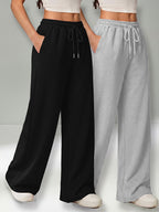 Autumn and Winter High-Waisted Casual Versatile Pants, Elastic Waist Loose Wide-Leg Pants 2pcs Set - Black+gray